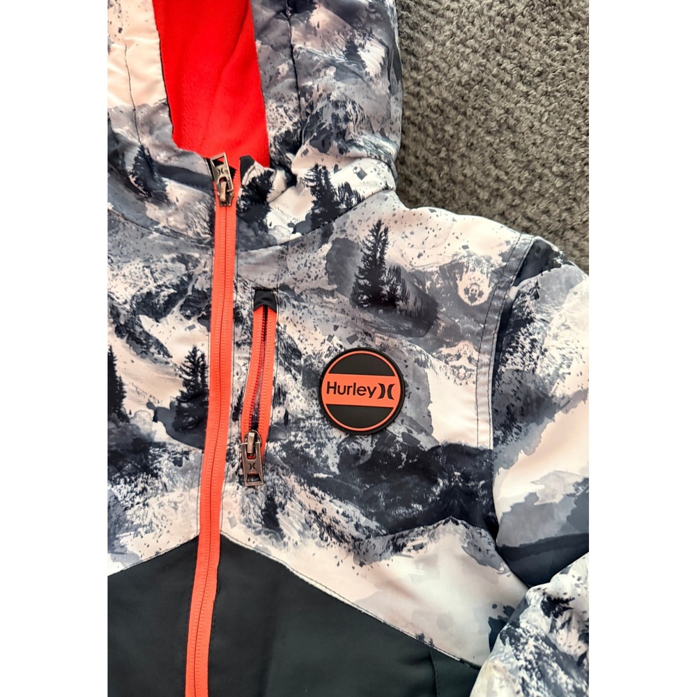Hurley Puffer Jacket Kids XS 5/6 Gray Mountain Print Hooded Winter Coat Logo - Picture 3 of 10